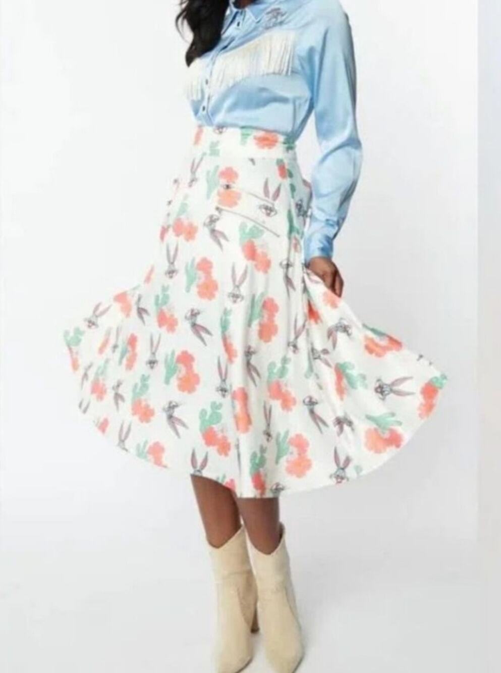 Unique Vintage Skirt Women's 1x Looney Tunes Bugs Bunny Cactus Circle Midi